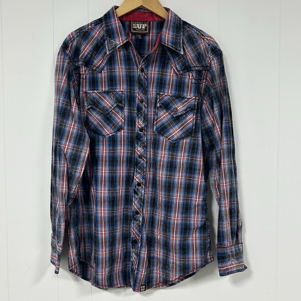 Cowboy Up Men’s Western Shirt Red White Blue Snap Button Long Sleeve L
